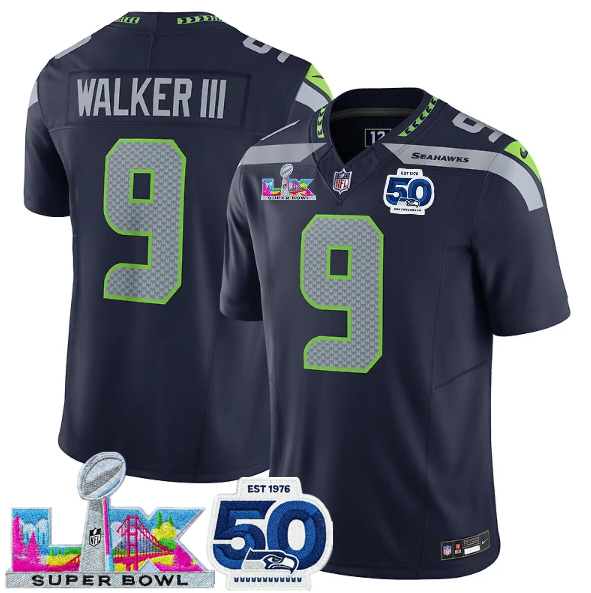 Camisa Futebol Americano Seattle Seahawks Vapor F.U.S.E. Limited Super Bowl LX Patch And 50th Season Jersey Azul
